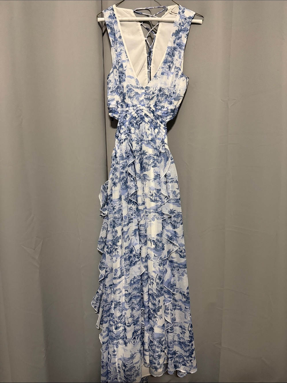 Abercrombie and Fitch Blue & White Printed Maxi Dress with Lace-Up Back